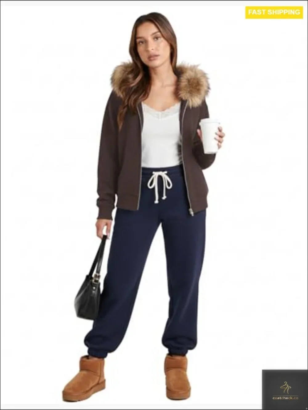 Faux Fur Trim Zip-Up Hoodie Oversized Fleece Lining Casual Jacket with Pockets